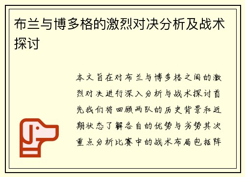 布兰与博多格的激烈对决分析及战术探讨