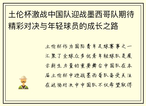 土伦杯激战中国队迎战墨西哥队期待精彩对决与年轻球员的成长之路