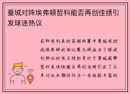 曼城对阵埃弗顿哲科能否再创佳绩引发球迷热议