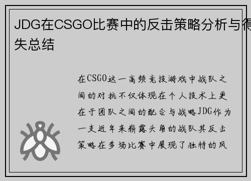 JDG在CSGO比赛中的反击策略分析与得失总结