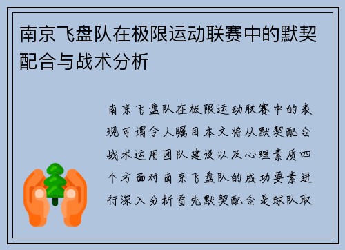 南京飞盘队在极限运动联赛中的默契配合与战术分析