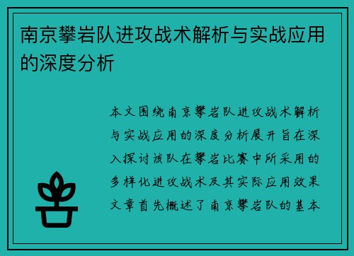 南京攀岩队进攻战术解析与实战应用的深度分析